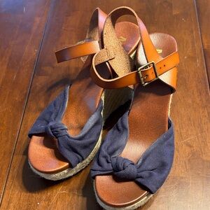 MIA Navy Knot Espadrille Wedges with Brown Ankle Strap
